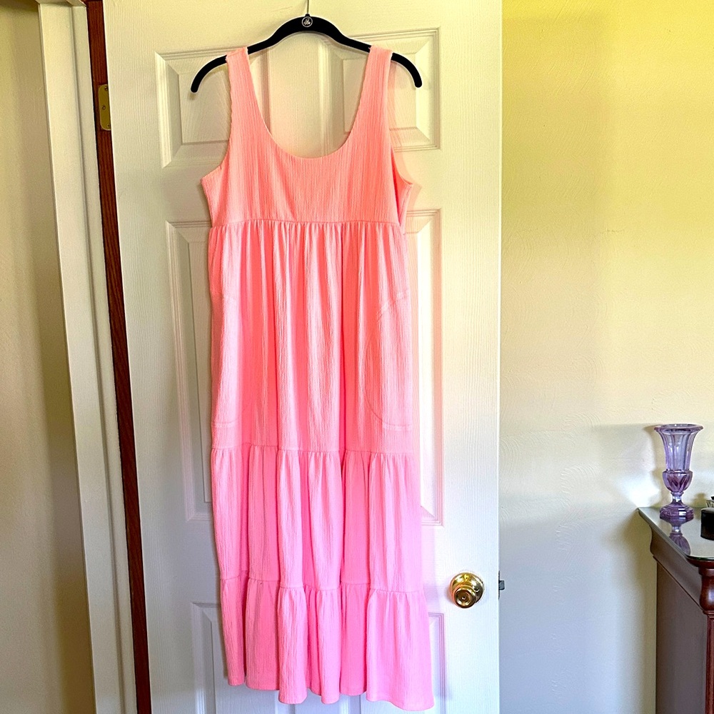 Free People Beach Pink Sleeveless Tiered Dress With Pockets. EUC